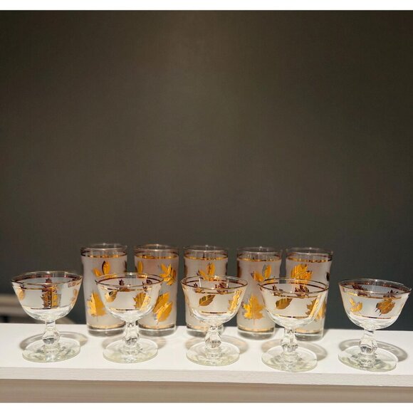 Mid-Century Libbey Gold Leaf Frosted Glasses Vintage Barware Tumblers & Goblets - Picture 3 of 7
